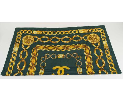 CHANEL RUE CAMBON VINTAGE SCARF, green with golden chain links pattern, circa 1990s, silk, 86cm x 86cm.