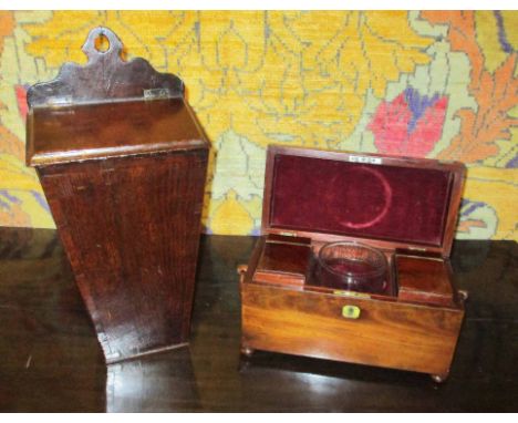 CANDLE BOX, Georgian provincial oak and a Regency mahogany tea caddy, 35cm x 15cm x 18cm H. (2) (with faults)