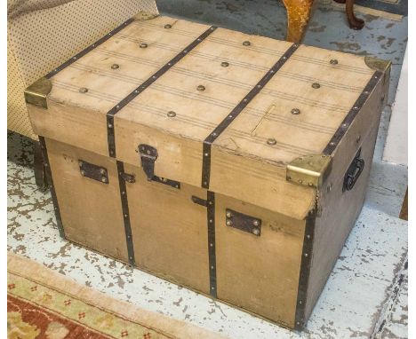 TRUNK, late 19th/early 20th century, canvas, brass and iron bound with hinged top and side handles, by Bick and Son, Cheltenh