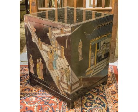 CHINESE CABINET, early 20th century Chinese black lacquered with incised geometric and coloured figurative decoration with tw