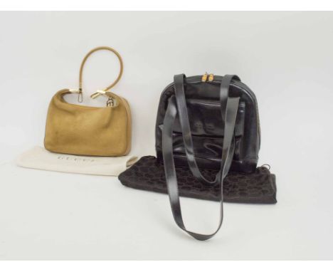 GUCCI VINTAGE BAG, suede and leather with gold tone hardware and iconic GG pull tab, monogram lining with dust bag, 27cm x 15