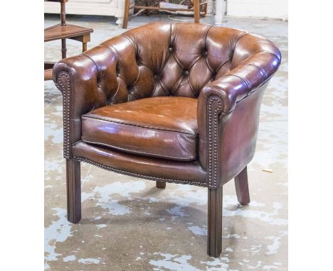 CLUB CHAIRS, a pair, deep button and brass studded with rounded back and arms and tan brown leather upholstery, 73cm W. (2)