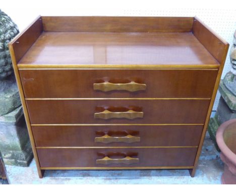 CHEST, mid 20th teak with four drawers with carved feature handles, 90cm W x 46cm D x 82cm H. (glass shelf to top missing)