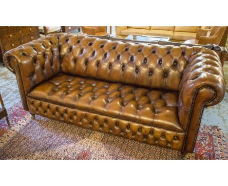 CHESTERFIELD SOFA, Victorian style deep buttoned and rounded back hand finished leaf brown leather, 198cm W.