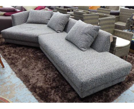 CORNER SOFA, in a grey bouclé weave fabric in two parts, 350cm x 175cm.