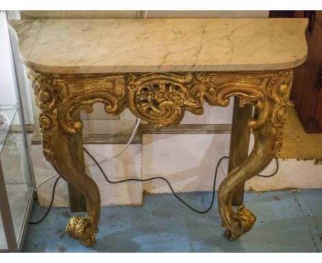 CONSOLE TABLE, antique French Louis XV style giltwood carved C scroll and shaped veined white marble top, 100cm x 36cm x 81cm
