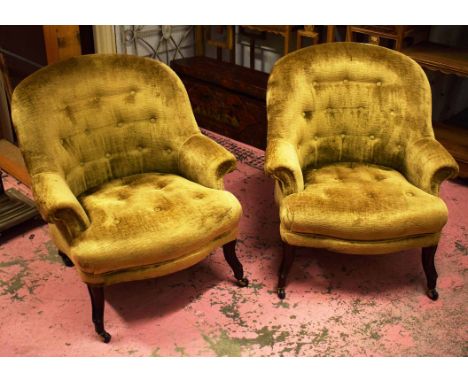 EDWARDIAN TUB ARMCHAIRS, a pair, early 20th century mahogany framed and gold velvet button upholstered, 70cm W. (2)
