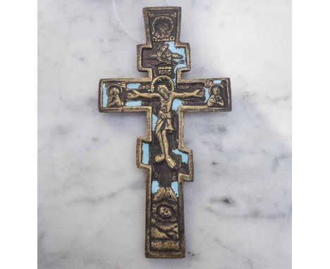 19TH CENTURY RUSSIAN WALL BLESSING CRUCIFIX, cast brass and enamel, in the 'Old Believer' manner, 12cm H x 6.5cm max.