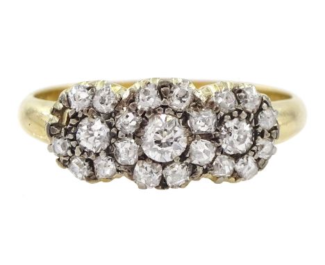 Edwardian gold old cut diamond triple cluster ring, stamped 18ctCondition Report:Approx 3.85gm, size R, diamonds bright good 