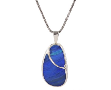 Silver boulder opal pendant necklaceCondition Report:Pendant length = 5cm, chain length = 61cm, good condition