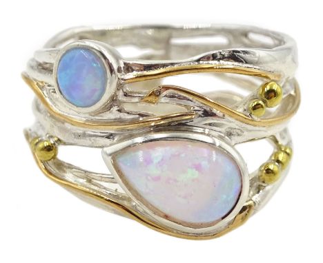 Silver and 14ct gold wire two stone opal ring, stamped 925Condition Report:Size T-U, depth = 15mm, good condition