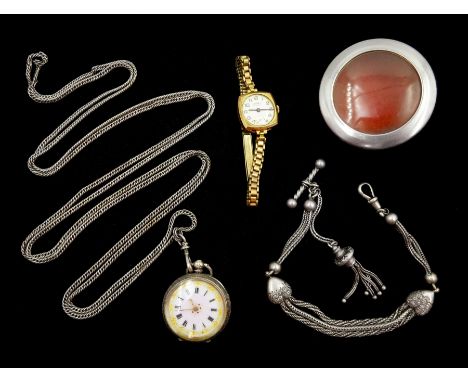 Early 20th century key wound silver ladies cylinder fob watch, on white metal chain, Victorian silver Albertina chain and a 9