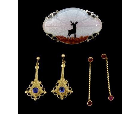 Two pairs of 9ct gold sapphire and ruby pendant stud earrings and a Norwegian stag enamel broochCondition Report:9ct approx 2