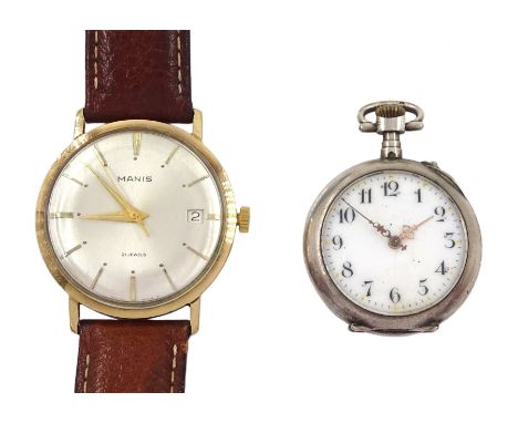 Manis gentleman's 9ct gold manual wind wristwatch, hallmarked, on tan leather strap and a silver cylinder ladies fob pocket w