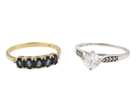 Gold five stone sapphire and diamond ring and a white gold white zircon ring, both hallmarked 9ctCondition Report:Approx 4.35