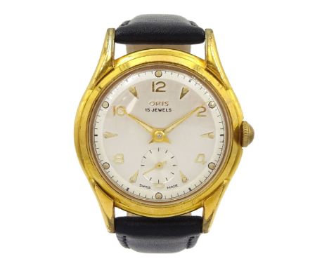 Oris gentleman's gold-plated and stainless steel manual wind wristwatch, silvered dial with subsidiary seconds dial, on black