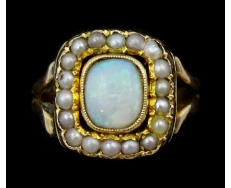 Victorian gold opal and seed pearl cluster ring, boxedCondition Report:Approx 3.75gm, size L-M, head tested 9ct, shank tested