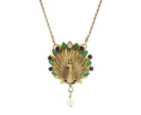  Igor Carl Faberge for Franklin Mint 14ct gold peacock watch pendant necklace, the peacock wings diamond, enamel and sapphire