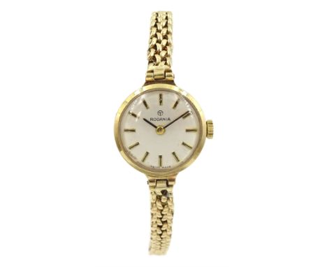 Rodania ladies 9ct gold manual wind wristwatch, on 9ct gold bracelet, hallmarkedCondition Report:Approx 13.05gm (excluding mo