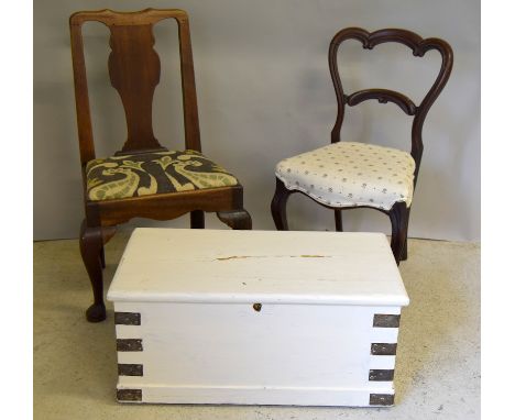 Painted pine trunk together a pair Victorian dining chairs