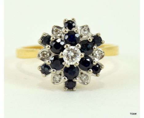 18ct gold ladies diamond and sapphire cluster ring size R