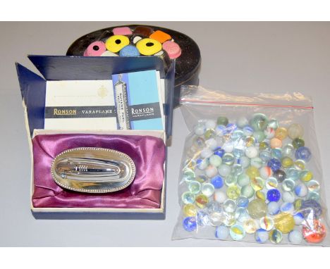Collection of vintage glass marbles and a silver plated Ronson Lighter