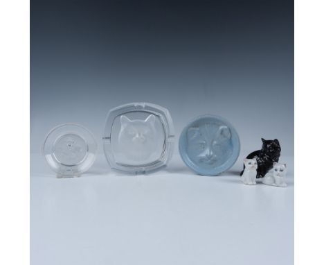 Six cat interest decorative objects. Includes one Cristal d'Arques crystal ashtray with a reversed etched cat; one blue glaze