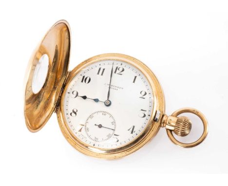GEORGE V 9CT GOLD HALF HUNTER POCKET WATCH, circular white enamel dial signed 'J. W. Benson London', subsidiary seconds dial,