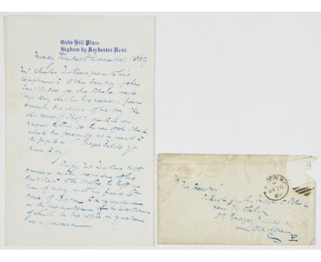 DICKENS, CHARLESAutograph letter signed with holograph envelope. Single page on bifolium of Gad's Hill Place stationery, date