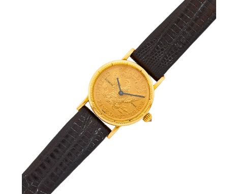 Quartz, United States '1881' five dollar gold coin dial, black lizard strap, metal buckle clasp, signed Corum. With signed bo
