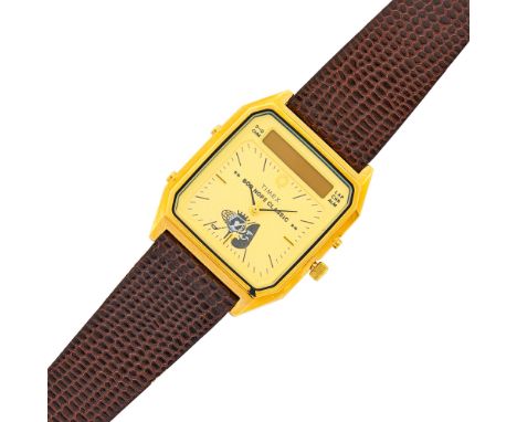 Electronic, square cream dial, elecronic read-out, case dia. ap. 32 x 32 mm., brown leather strap, gilt-metal buckle, signed 