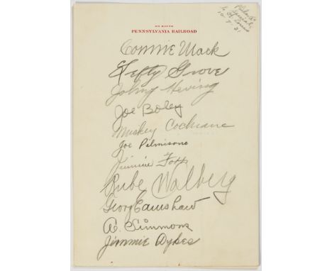 [BASEBALL]Signatures of the top players on the 1931 Philadelphia Athletics. A sheet of stationery with “En Route/Pennsylvania