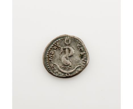 [ALDINE DEVICE - ROMAN COIN]Silver denarius, with a profile portrait of the Emperor Titus on the obverse, and the dolphin-and