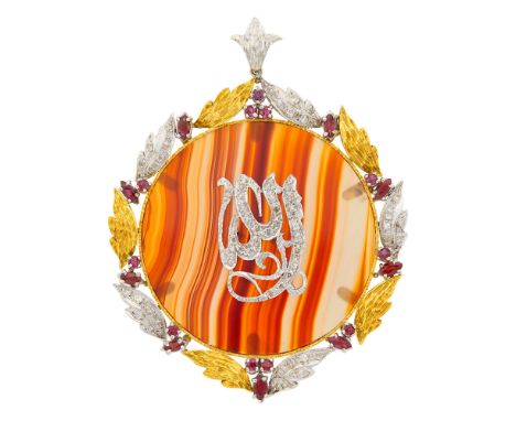 Yellow and white gold, banded agate disc, marquise-shaped and round rubies, 62 single-cut diamonds ap. .60 ct., ap. 26.5 dwts