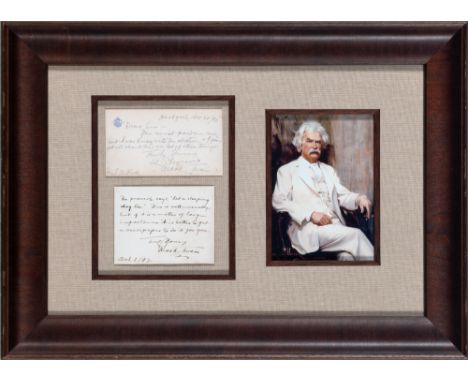 TWAIN, MARK (=CLEMENS, SAMUEL LANGHORNE)Two autograph notes signed, framed together with a portrait. The first, addressed to 