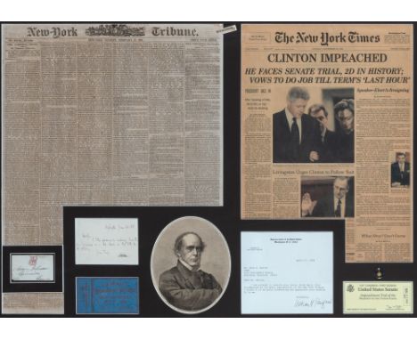 [PRESIDENTIAL IMPEACHMENT]A framed display of impeachment artifacts from Andrew Johnson and Bill Clinton. A framed display ho