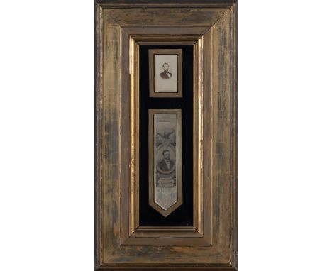 LINCOLN, ABRAHAMCarte-de-visite portrait in a framed display with a Memorial Ribbon. The carte-de-visite after the portrait t