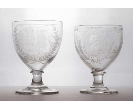 Two engraved glass rummers,early 19th century, probably later engraved, the first engraved 'Lord Nelson, OCTR 21 1805', with 