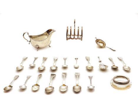 A collection of silver items,to include a four division toast rack by William Hutton &amp; Sons Ltd, Sheffield 1904, a Georgi