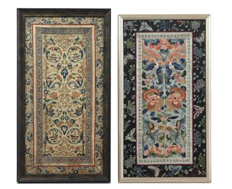 Two framed Chinese textiles,19th century, the first decorated with pagoda scenes, to a foliate border, 63 x 31cm, the second 