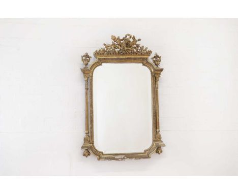 A giltwood wall mirror,19th century, the bevelled rectangular plate within a moulded frame with leaf and arrow crest,83cm wid