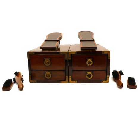 Two 'Starbay' shoe shine boxes, 20th century, each with rise and fall folding foot rest, brass mounts and bone inset logo, co