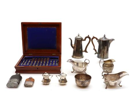 A collection of silver and silver-plated wares, comprising a silver-mounted hip flask and another silver-plated example, 14.5