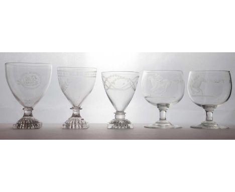A group of three glass rummers,c.1800, each with engraved decoration and a lemon squeezer foot, one engraved with a hound and