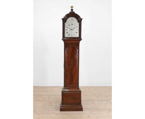 A George III mahogany longcase clockc.1775, by John Holmes of London, the hood with a sphere finial above a break-arch mouldi