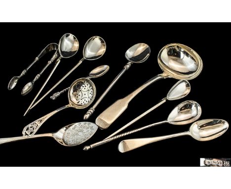 A Collection of Silver Spoons &amp; Associated, to include a ladle, three anointing spoons, sifter, sugar nips, etc.  Gross w