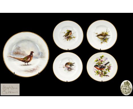 Royal Worcester Antique Period Collection of Hand Painted Birds Decorated Small Plates with Gold Borders ( 5 ) Plates In Tota