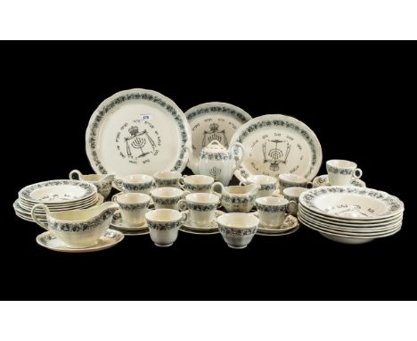 Royal Cauldon Passover Ware circa 1950's, black litho, 61 piece including tea set, soup bowls, platters, etc.