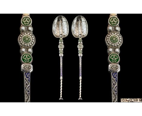 Late Victorian Period Superb Quality Pair of Sterling Silver and Enamel Anointing Spoons From Top Craftsman, Extensive Decora