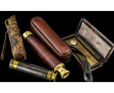 Antique Boxed Desk Thermometer with three pocket telescopes, two 3 draw and one 2 draw (4)